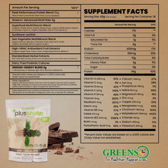 Greens+ PlusShake meal replacement setup showcases complete nutrition in one shake.