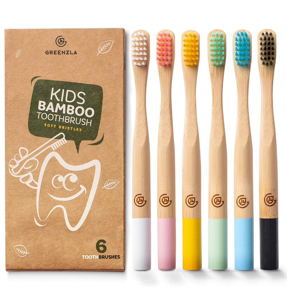 Greenzla Kids Bamboo Toothbrushes 6-pack, bamboo handles
