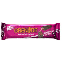 Grenade high-protein bar cross-section shows layered raspberry caramel and nougat, post-workout energy.
