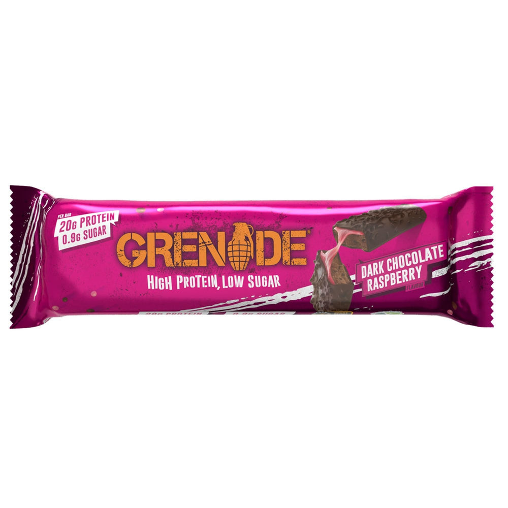 Grenade high-protein bar cross-section shows layered raspberry caramel and nougat, post-workout energy.