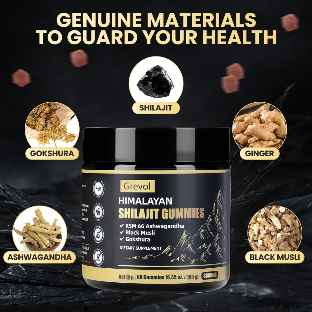 Grevol Himalayan Shilajit Gummies with Ashwagandha - ingredients layout