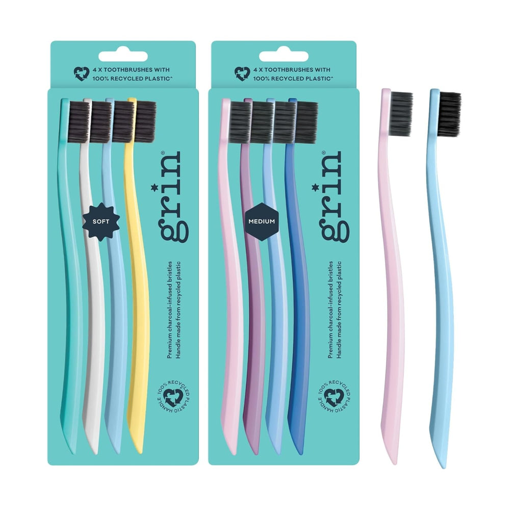 Grin charcoal-infused toothbrushes – soft and medium bristles, 8-count in purple