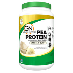 Growing Naturals Raw Pea Protein Powder bottle showcases protein-rich plant nutrition for shakes