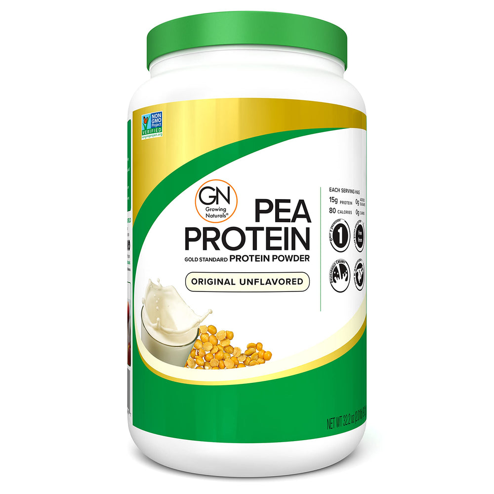 Growing Naturals Raw Pea Protein Powder container, ideal for plant-based protein shakes.