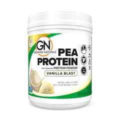 Growing Naturals Raw Pea Protein Powder Vanilla Blast bottle shows vegan protein for everyday shakes