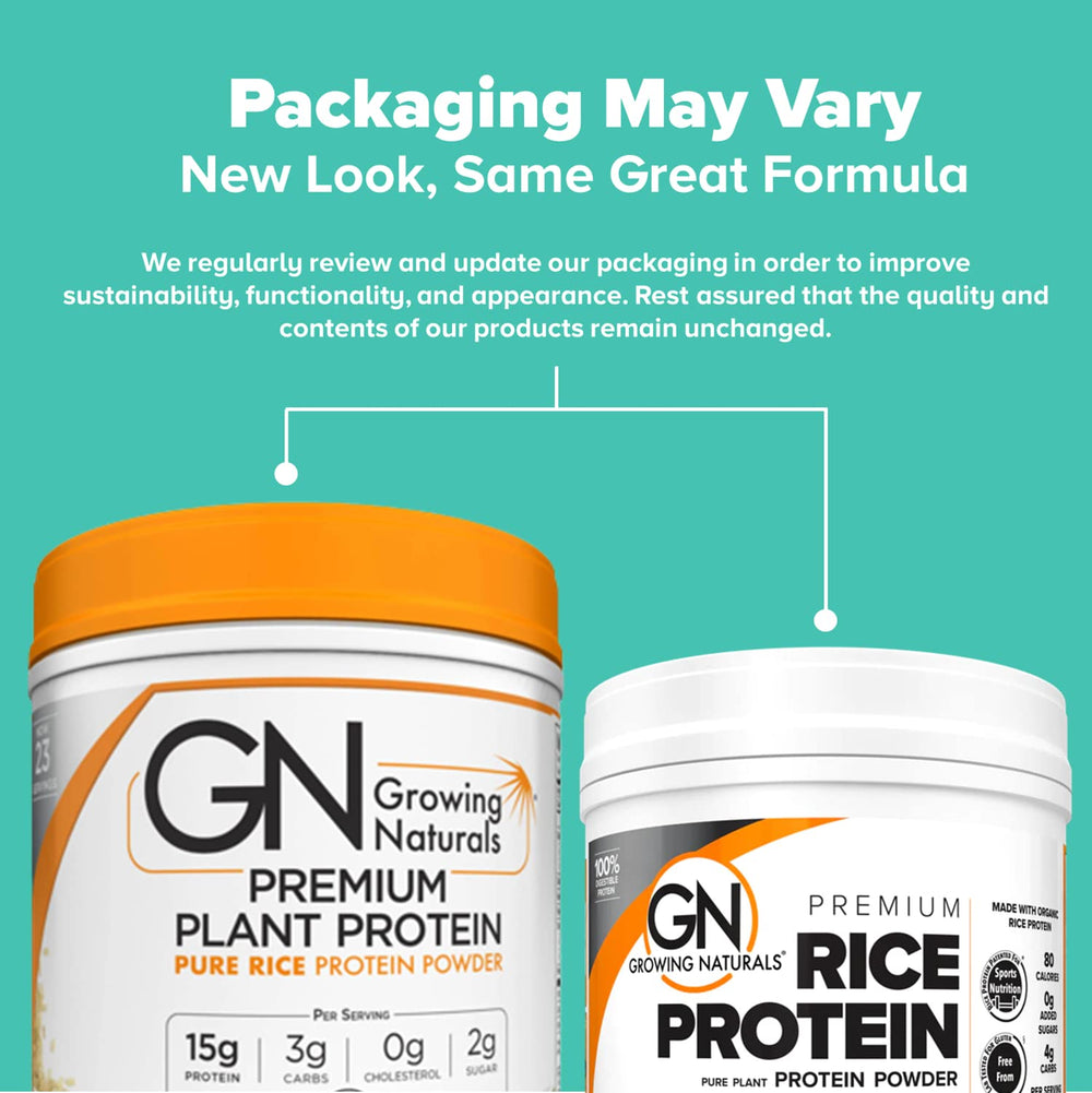 Growing Naturals Rice Protein 2lb packaging image conveying convenient protein source.