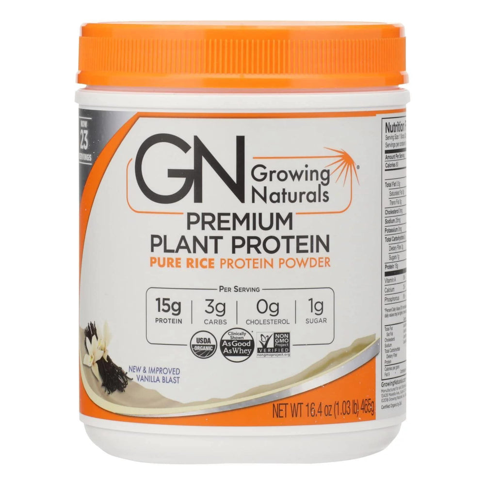 Growing Naturals Rice Protein Isolate Powder Vanilla 1.03 Pound canister front view