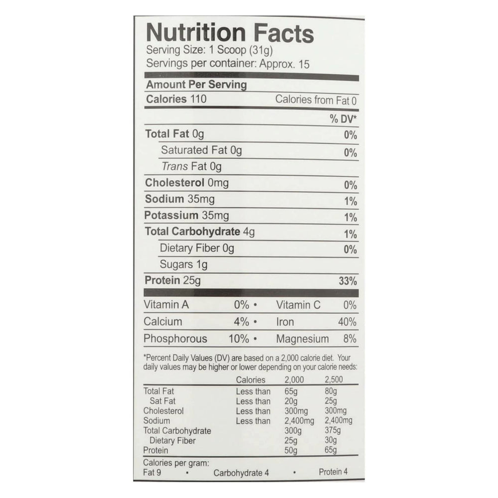 Back panel showing ingredients and nutrition for Growing Naturals Rice Protein Isolate Powder Vanilla 1.03 Pound