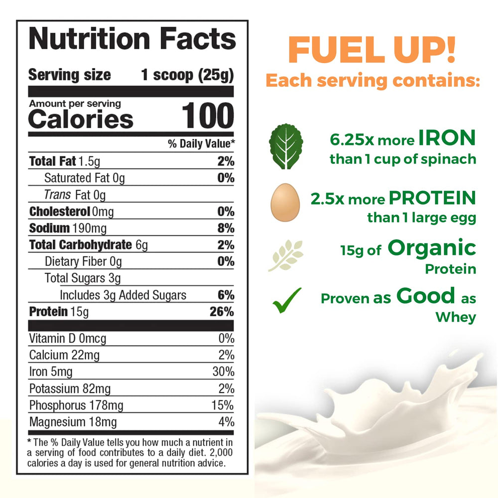 Growing Naturals Vanilla Blast protein scoop demonstrates convenient serving for creamy shakes