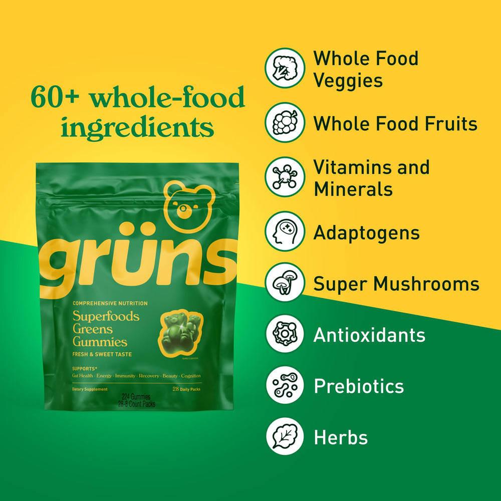 Grüns bottle front view highlighting 28 daily packets for convenient on-the-go nutrition
