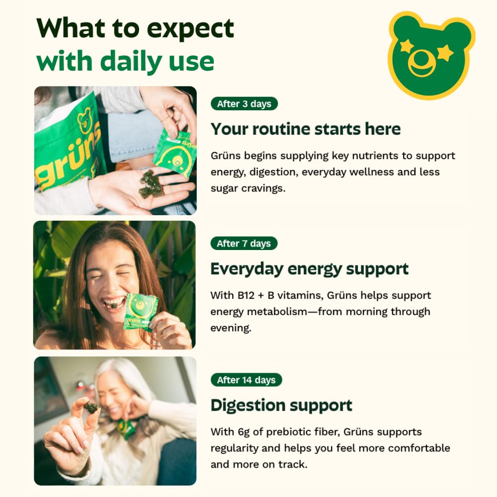 Grüns gummies with spirulina and chlorella illustrated among natural greens