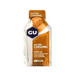 GU Energy Gel Salted Caramel packet close-up for portable fueling.