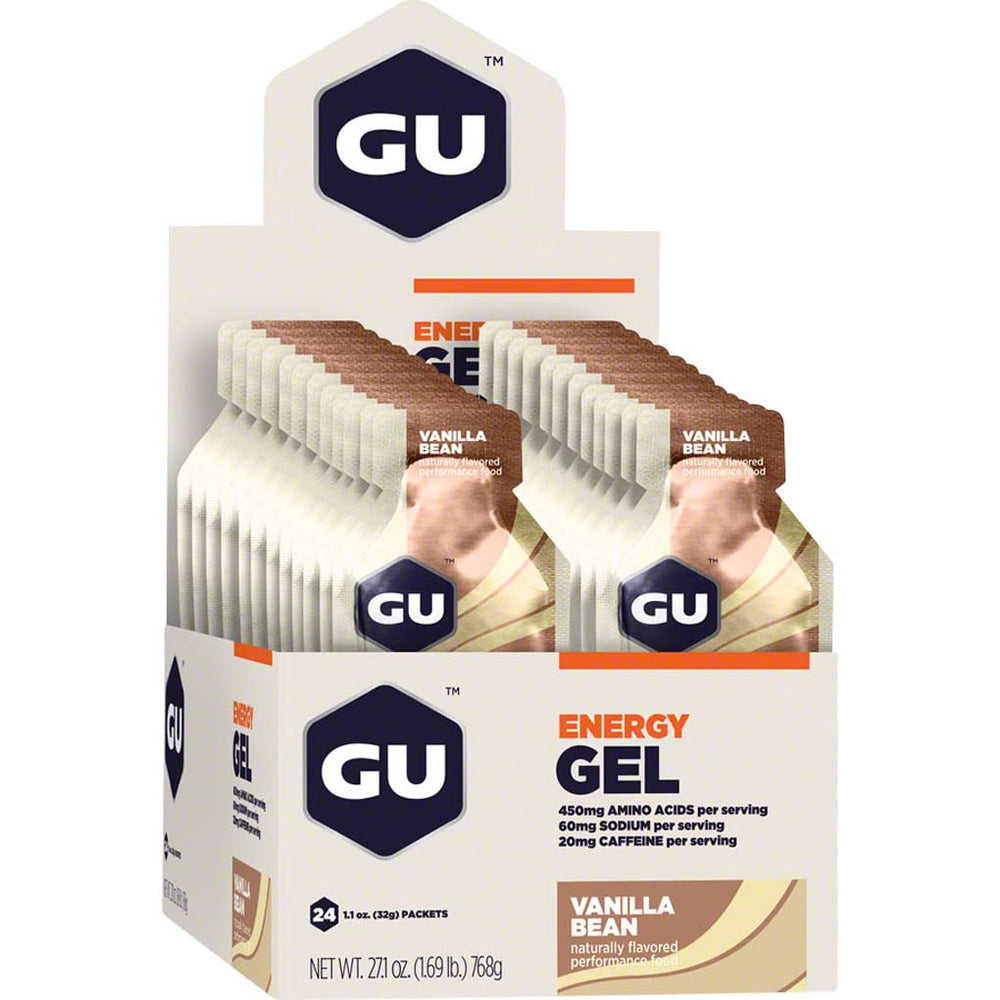 GU Energy Gel Vanilla Bean 24-pack on shelf, convenient fueling for runs