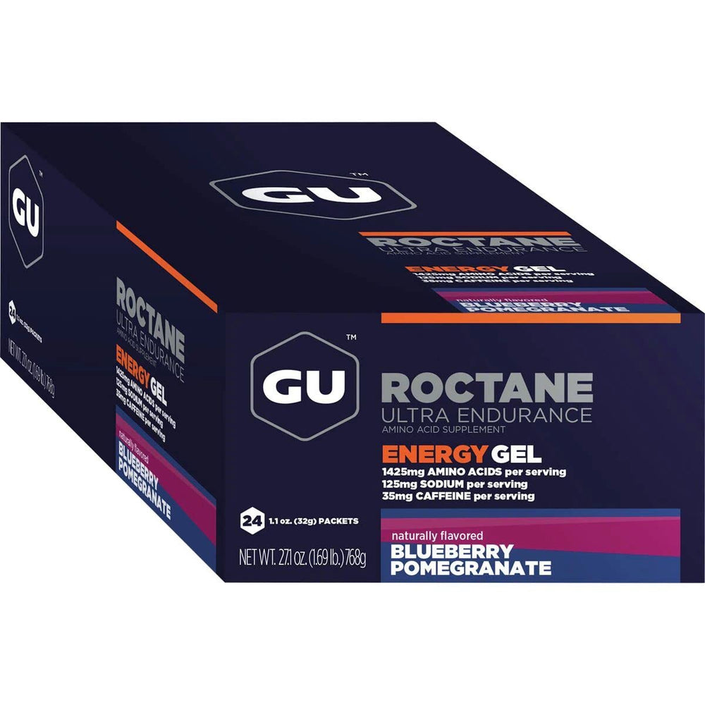 Close-up of GU Roctane Blueberry Pomegranate energy gel packets