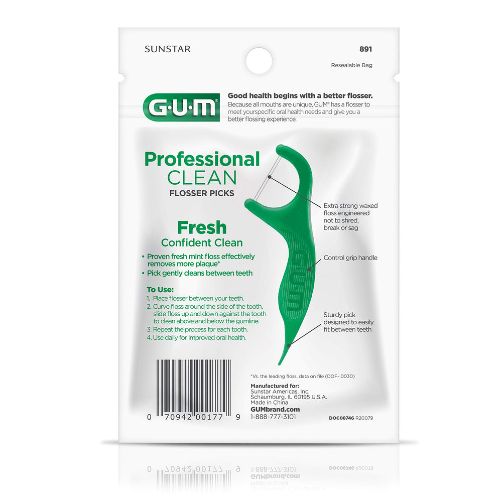 Mint flavored, shred-resistant floss on GUM Professional Clean Floss Pick