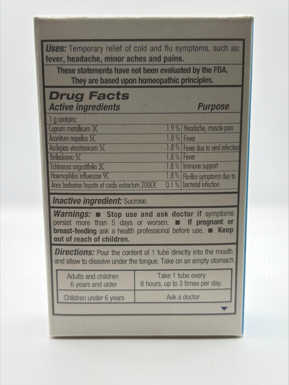 GUNA Flu natural ingredients label—clear indication of artificial-free formulation.