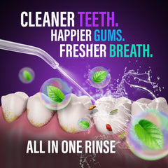 High-pressure water pulses removing plaque between teeth