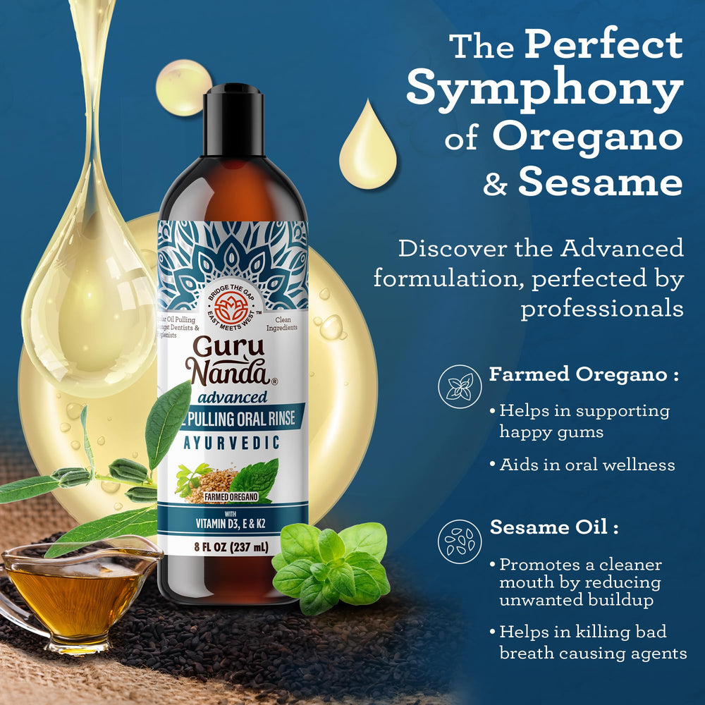 GuruNanda Advanced Pulling Oil bottle with tongue scraper inside