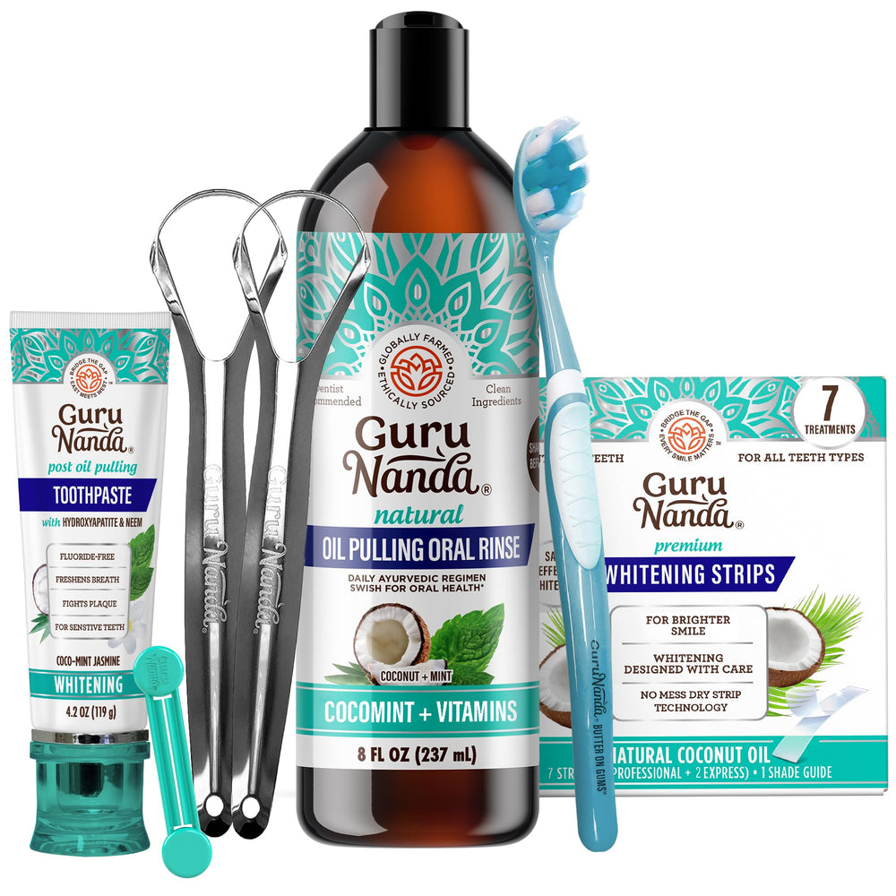 GuruNanda bundle with 7-day whitening strips and CocoMint oil pulling