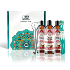 GuruNanda Cinnamon Oil Pulling Mouthwash bottle with 3x8 oz packaging