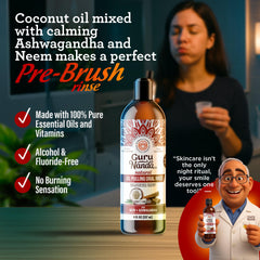 Close-up of cinnamon, neem, and ashwangha ingredients in mouthwash