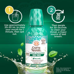 Outer packaging of GuruNanda Fresh Breath Mouthwash Wild Mint 16 oz 2-pack