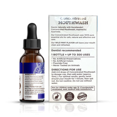 Usage guide showing drops mixed with water for mouthwash