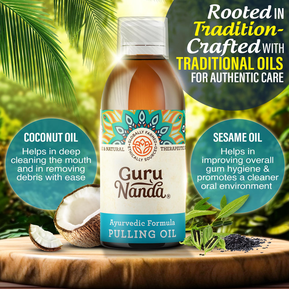 Close-up of GuruNanda oil pulling mouthwash 3-pack bottles