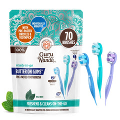 GuruNanda Ready-to-Go Disposable Mini Travel Toothbrushes 70-count package front view