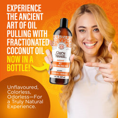 Close-up of fractionated coconut oil pulling mouthwash bottle