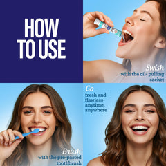 Close-up of disposable travel toothbrush featuring Softex bristles and built-in toothpick