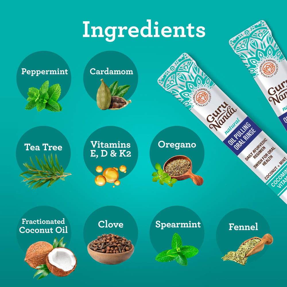 GuruNanda coconut oil pulling mouthwash sachets for on-the-go use