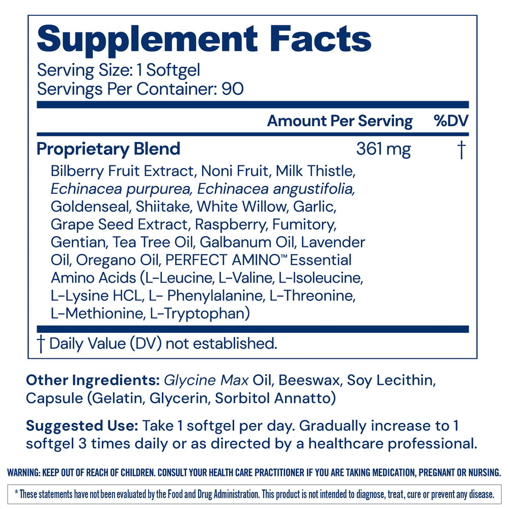 Close-up of ingredients: PerfectAmino, Goldenseal, Milk Thistle