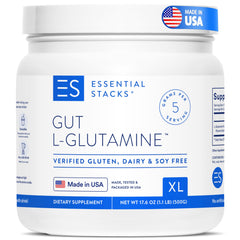 Essential Stacks Gut L-Glutamine Powder jar with scoop, USA made