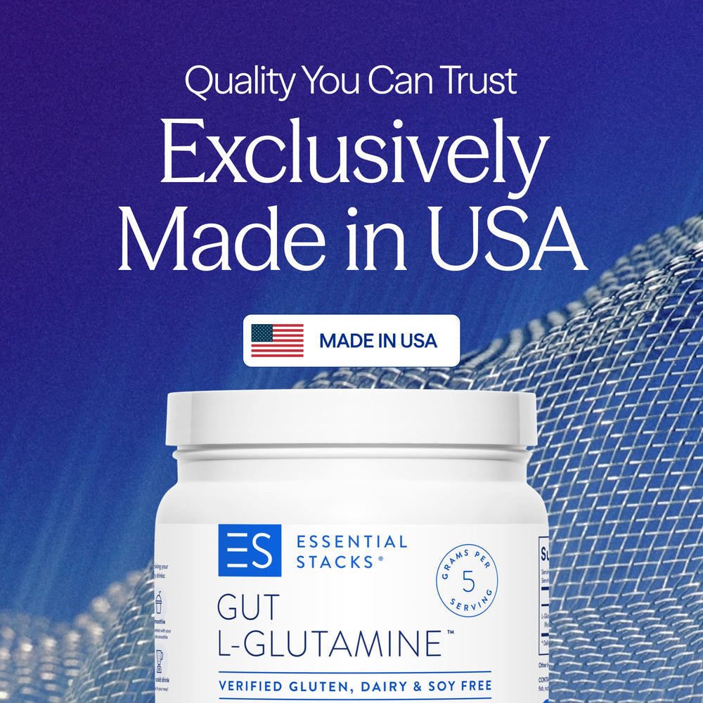 Close-up of L-Glutamine powder for gut health in scoop