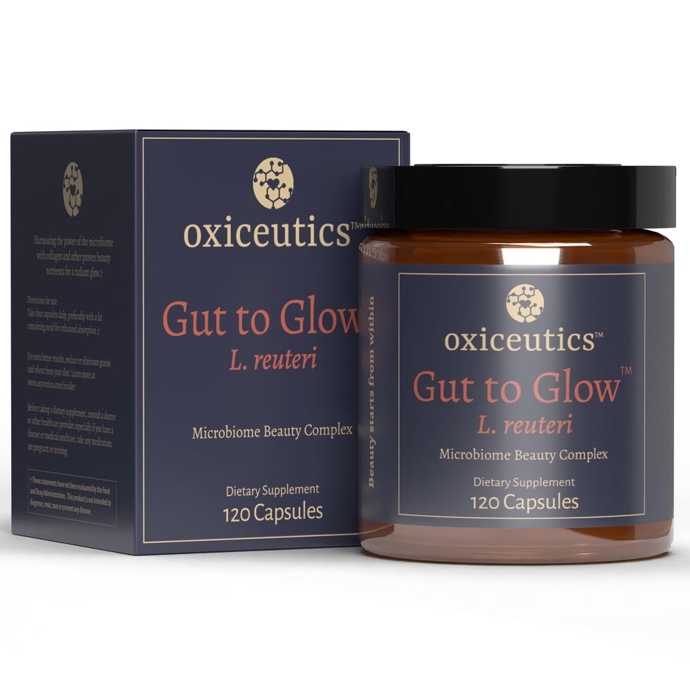 Oxiceutics Gut to Glow probiotic bottle and label