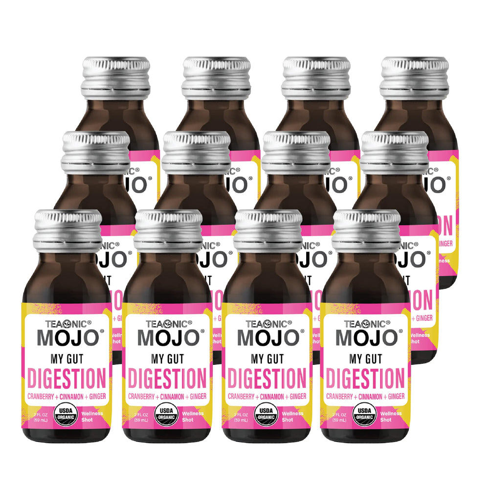 Pack front view of TEAONIC My Gut Mojo 12-bottle pack