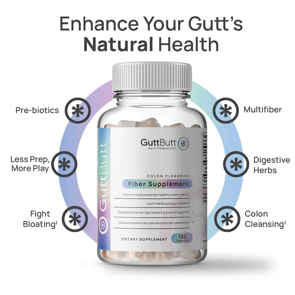 Label highlighting psyllium husk and inulin on GuttButt bottle