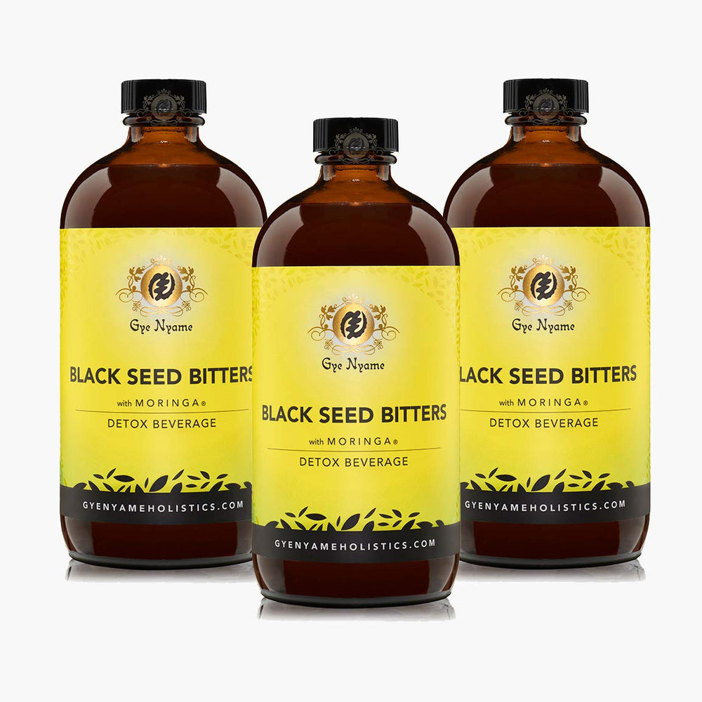 Gye Nyame Black Seed Bitters Moringa bottle collection side view shows all-natural ingredients and value.