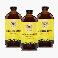 Gye Nyame Black Seed Bitters Moringa bottle collection side view shows all-natural ingredients and value.