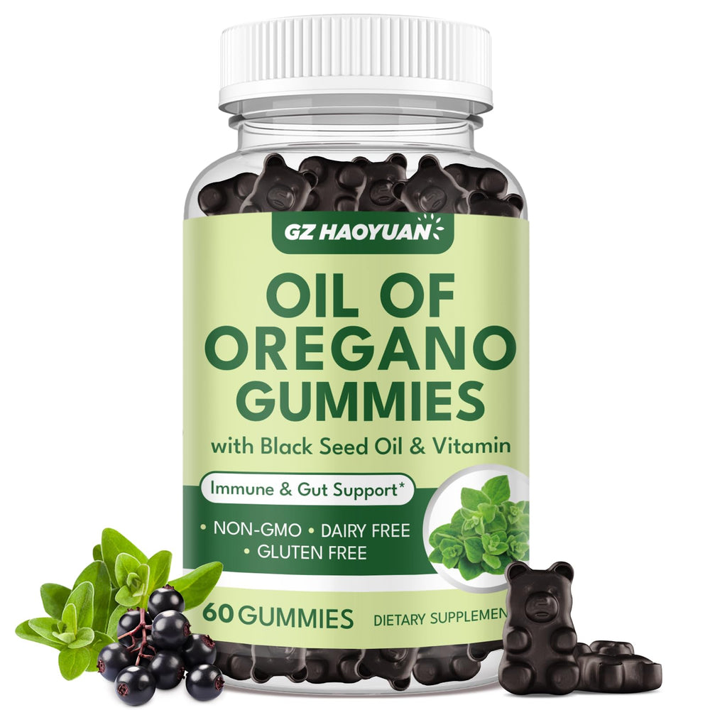 Bottle of GZ Hao Yuan Oil of Oregano Gummies with Black Seed Oil and Vitamin D3
