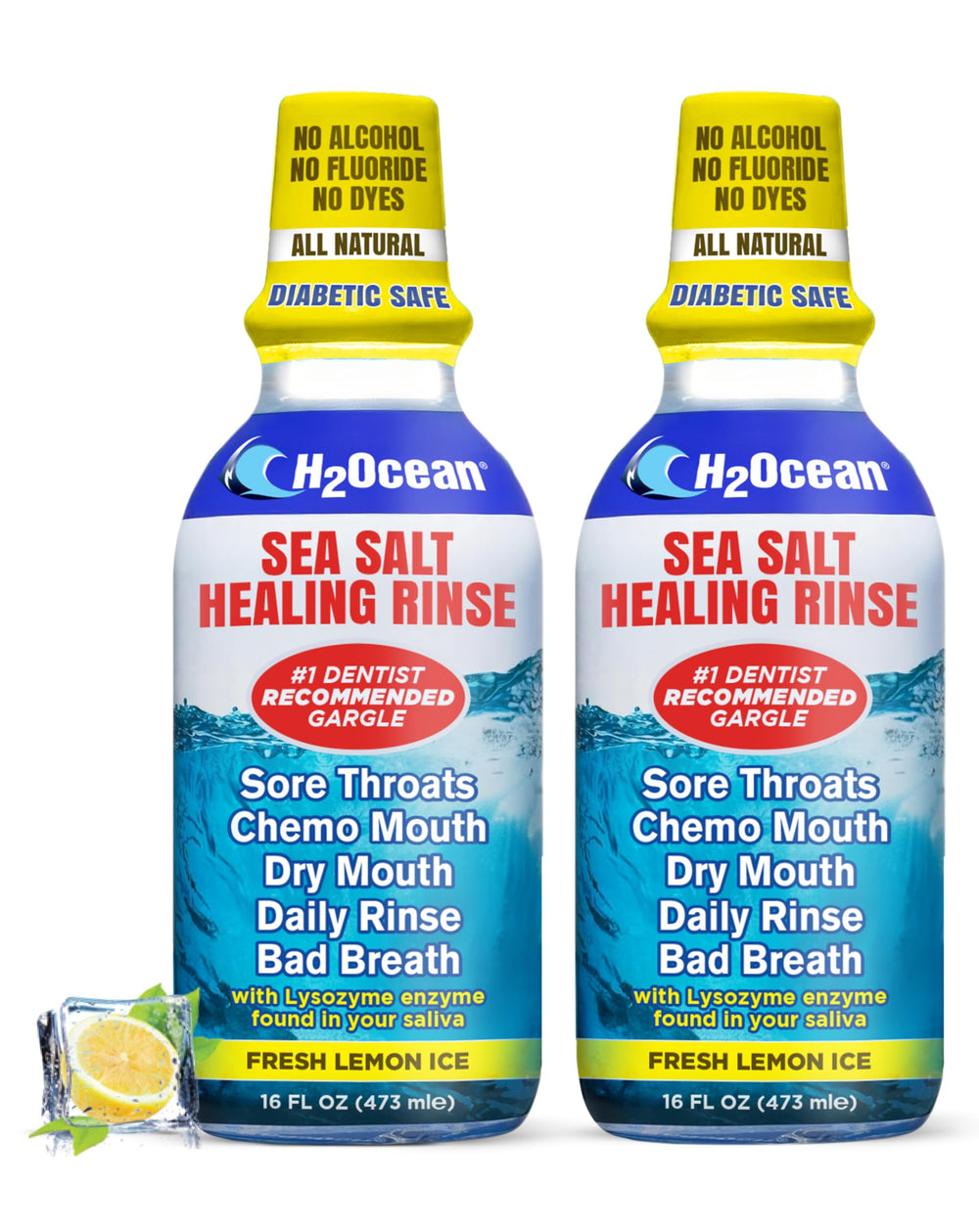 Front view of H2Ocean Healing Rinse Lemon Ice two-pack 16 oz bottles