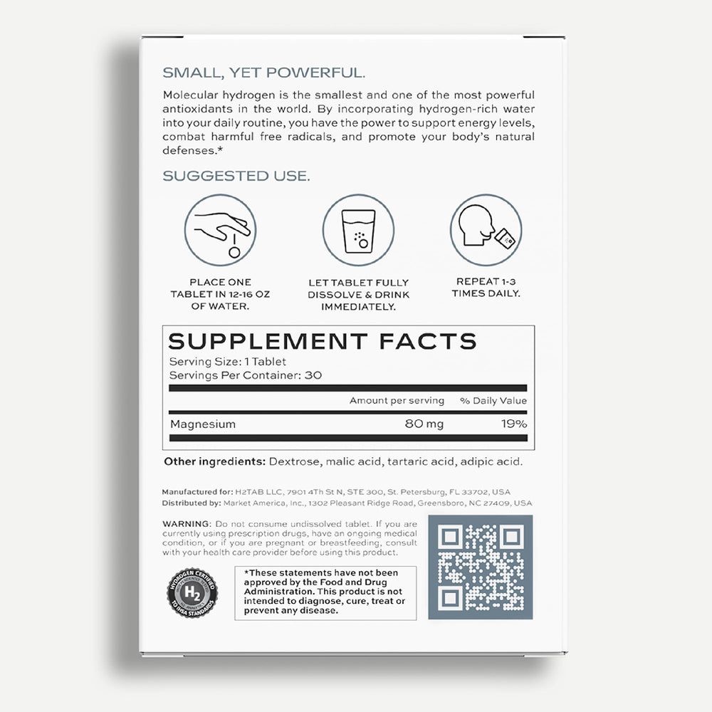 Product packaging displaying 30-count unflavored H2TAB label
