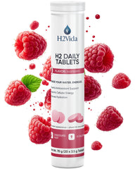 Front bottle view of H2Vida Raspberry flavored hydrogen water tablets.
