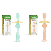 Haakaa 360° Baby Toothbrush with suction base in blue and pink, front view