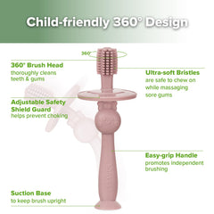 Suction base stores the brush upright on a flat surface