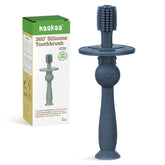 Haakaa 360° Baby Toothbrush with suction base in steel blue (hero image).