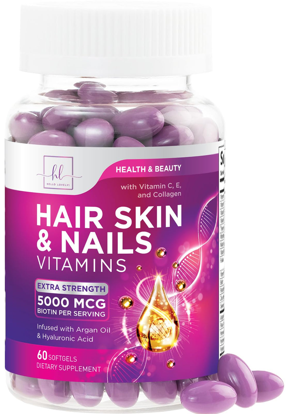Front bottle of Hair, Skin & Nails Vitamins for Women with Biotin 5000mcg