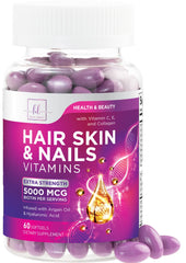 Front bottle of Hair, Skin & Nails Vitamins for Women with Biotin 5000mcg