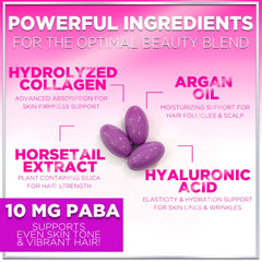 Ingredients close-up: Biotin 5000mcg, Argan Oil, Collagen and Hyaluronic Acid